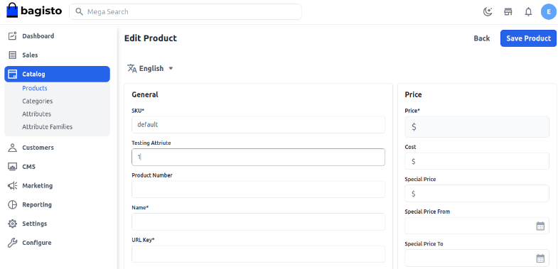 Product Edit Page with Attributes