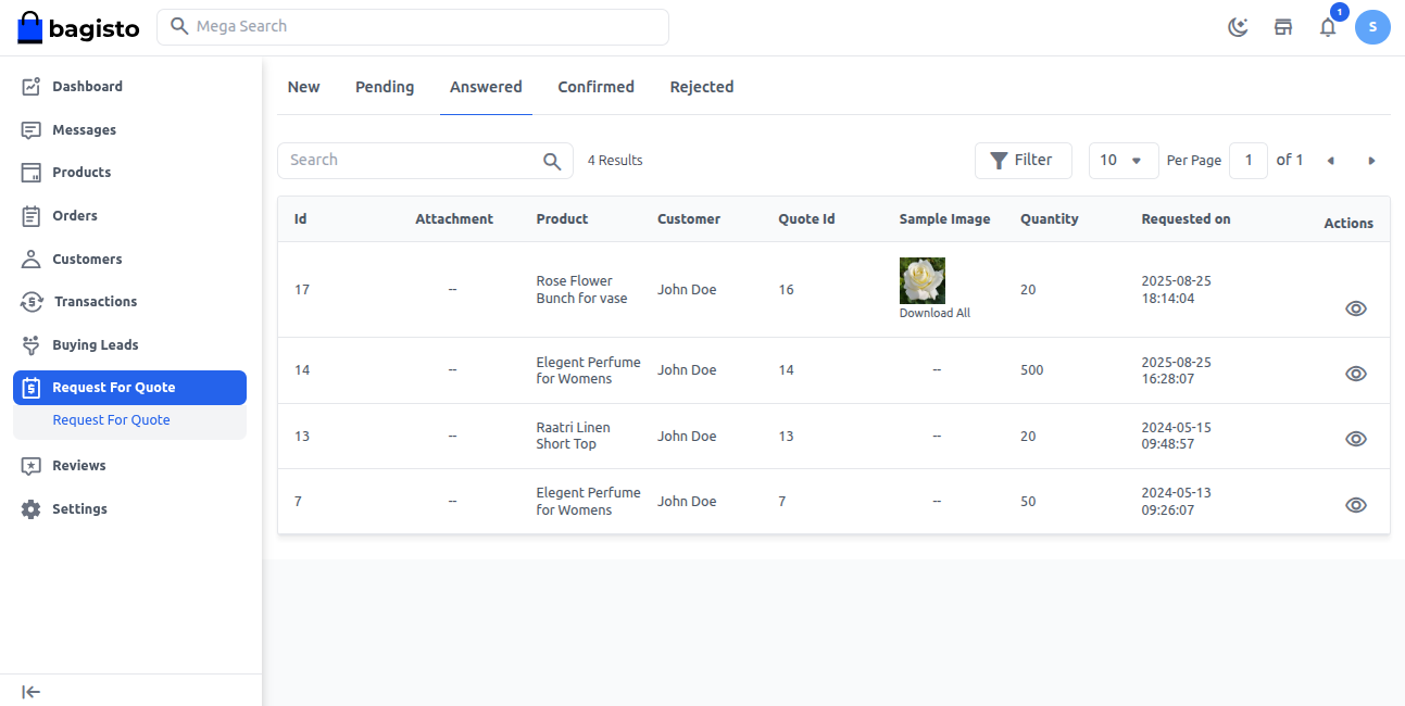Request for Quote Answers by Seller