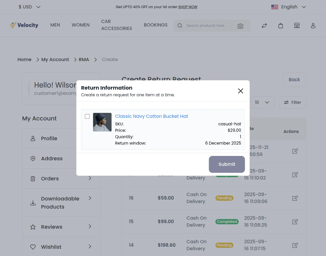 Customer Email and Password