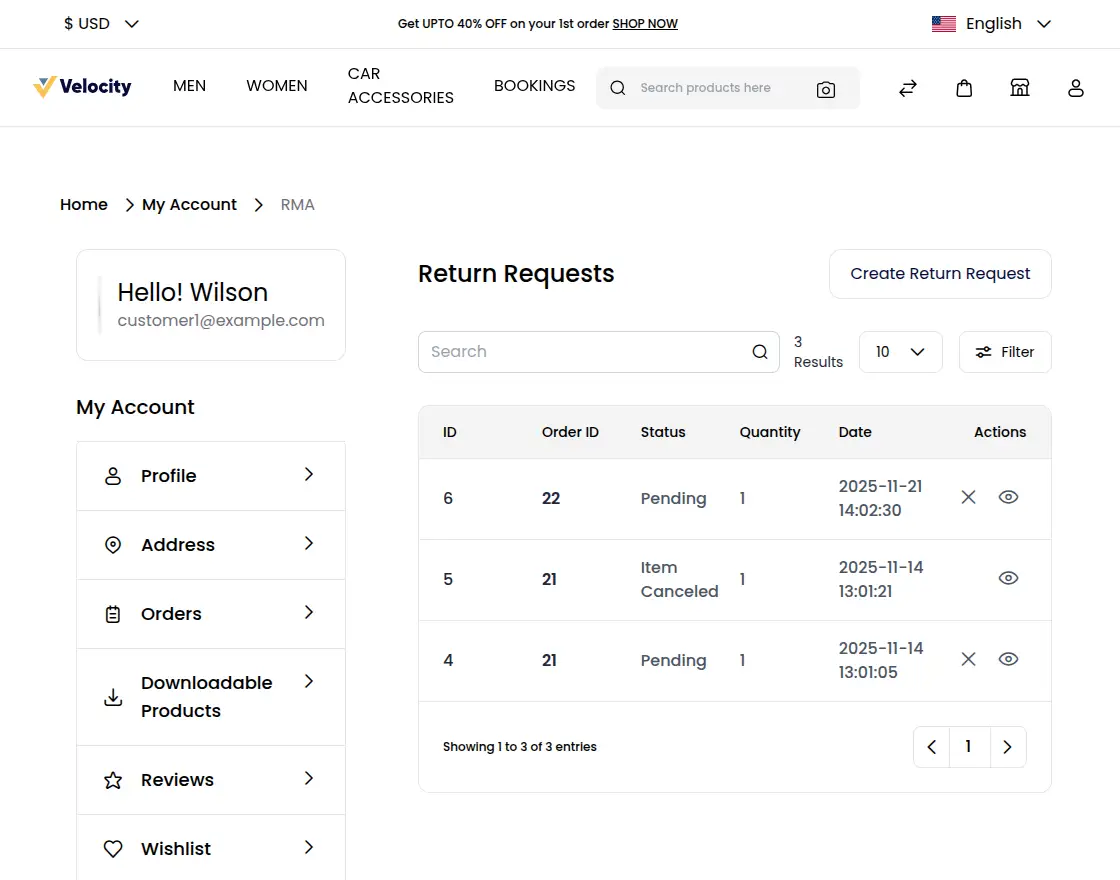 Customer Email and Password